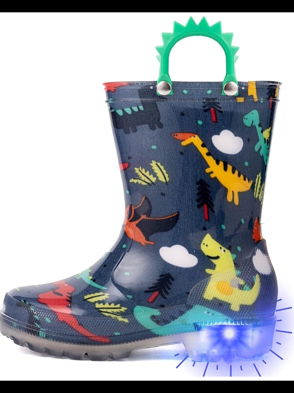 Amazon Kids Navy Dinosaur Light-Up Rain Boots with Green Handle